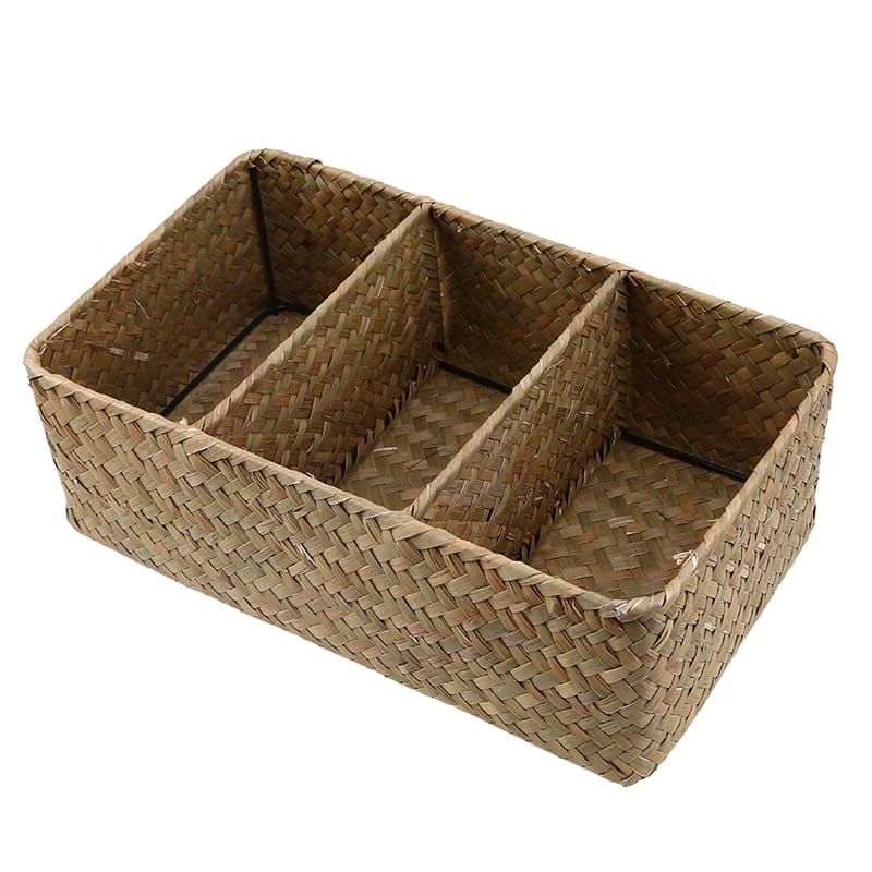 Three-compartment woven rattan basket with handles