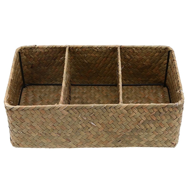 Three-compartment woven rattan basket with handles – another view