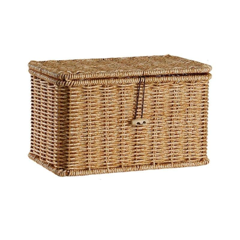 Beige woven storage basket with a tight weave