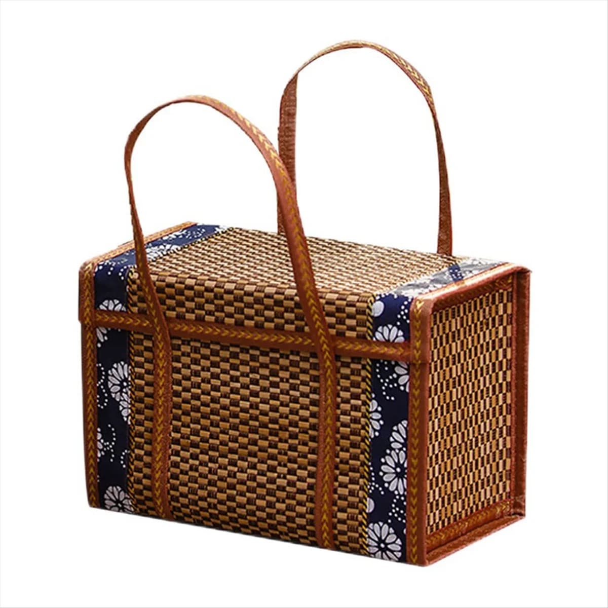 Foldable rattan-look picnic basket with an arched handle