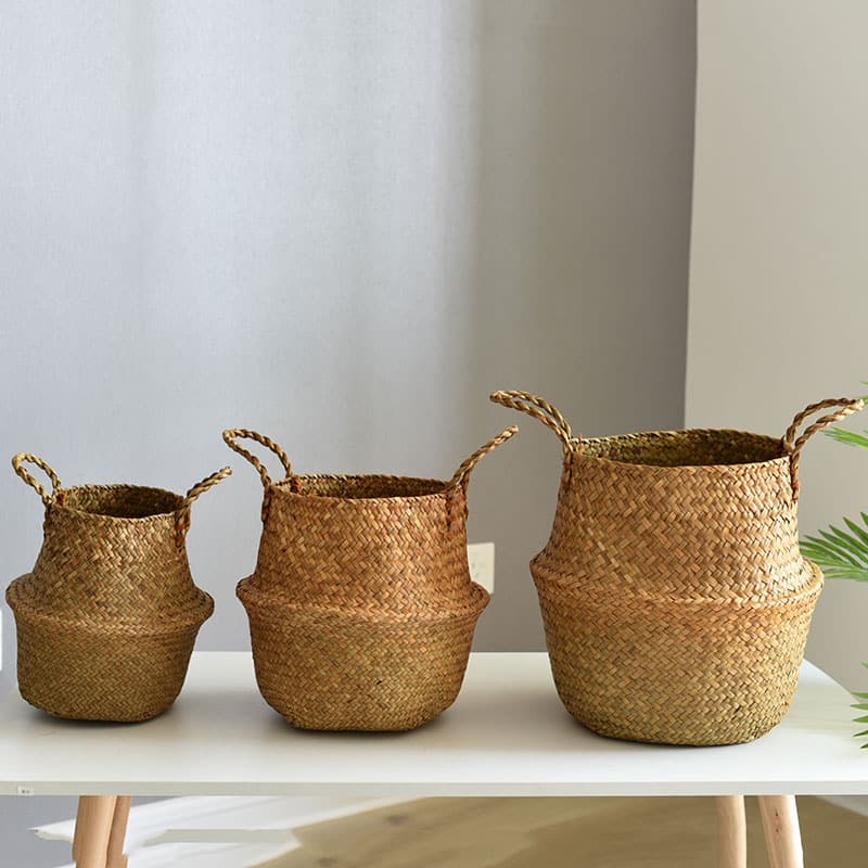 Round handwoven rattan planter basket hiding a plant pot – multiple views