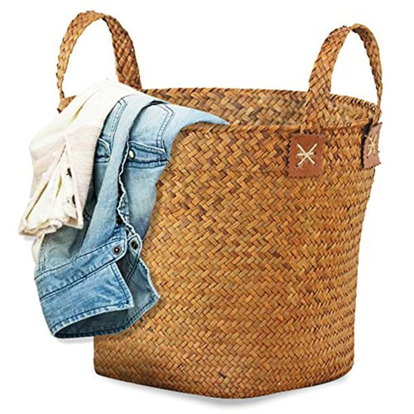 Round handmade natural straw basket with handles – another view