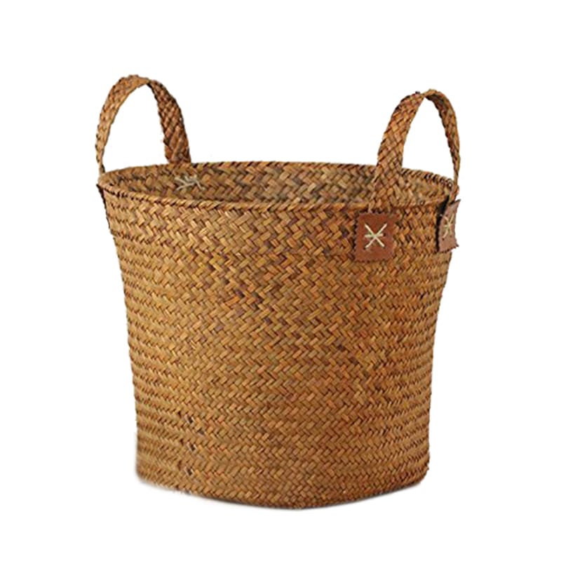 Round handmade natural straw basket with handles