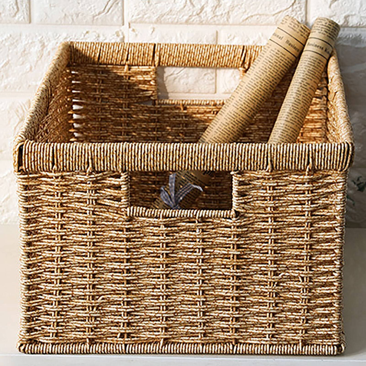 Rectangular handwoven rattan basket – shown in a room setting (3)