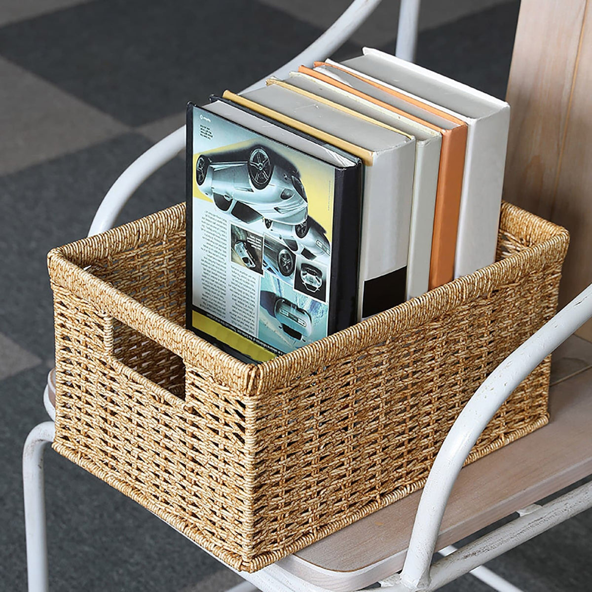 Rectangular handwoven rattan basket – shown in a room setting (4)