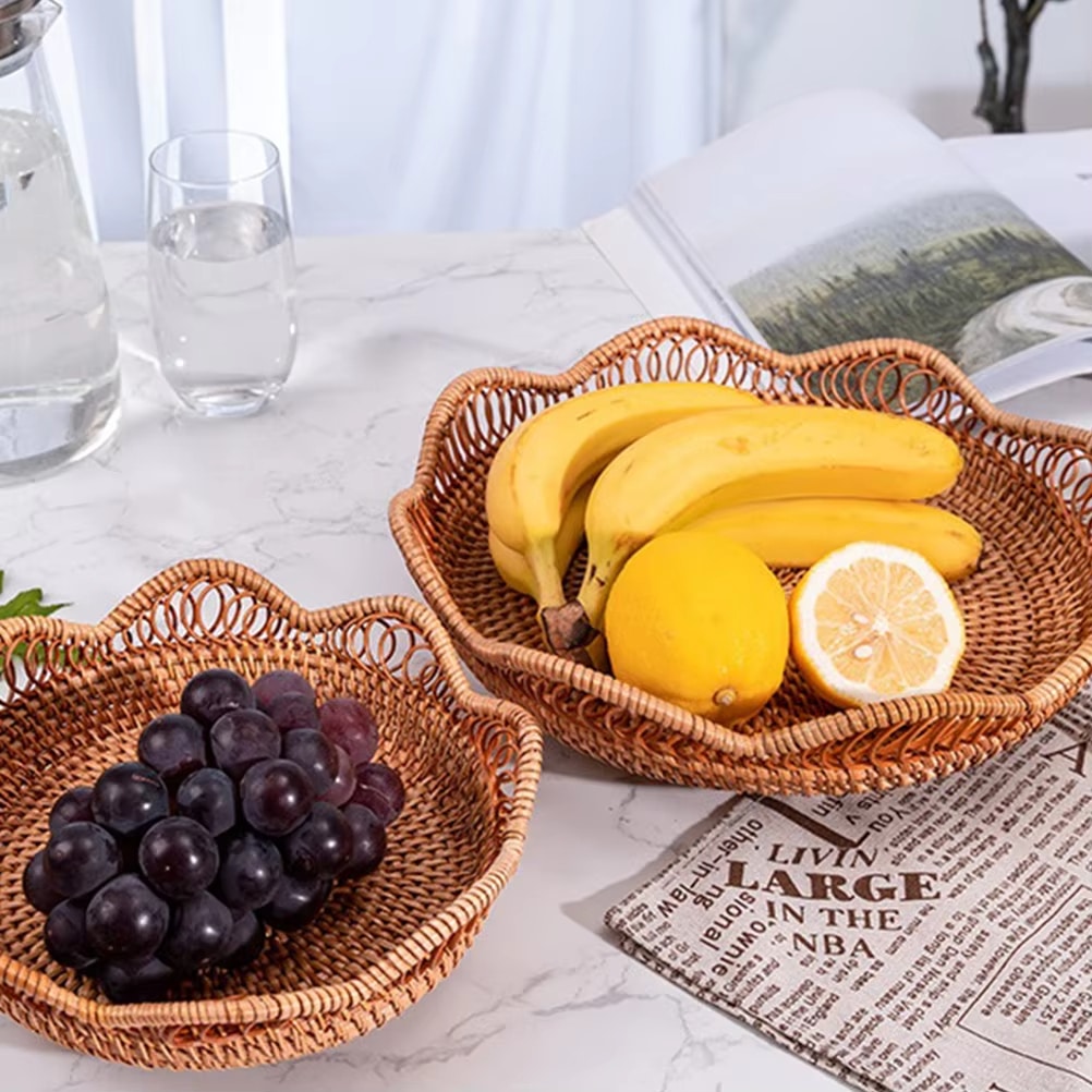 Decorative handwoven rattan fruit basket – shown in a room setting