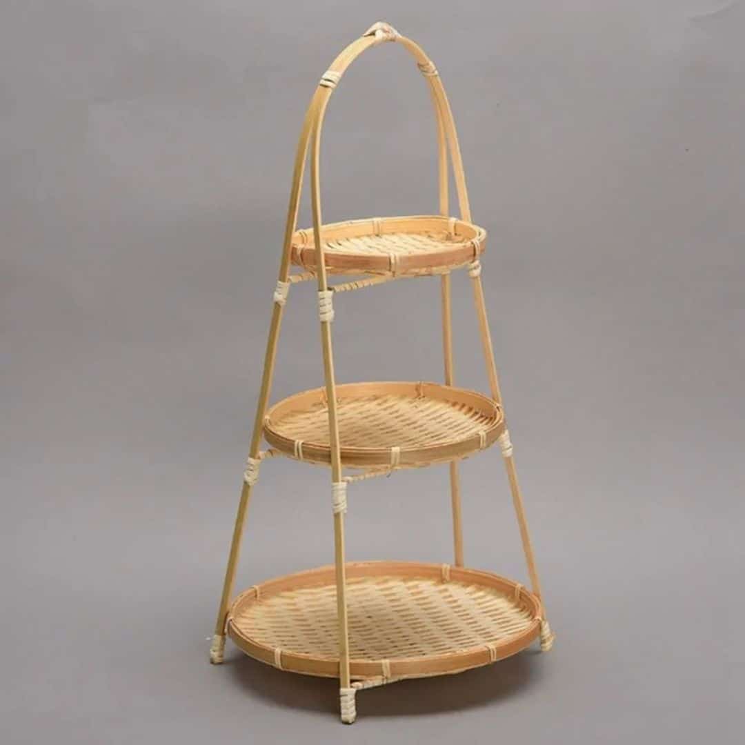Three-tier handwoven rattan fruit basket stand