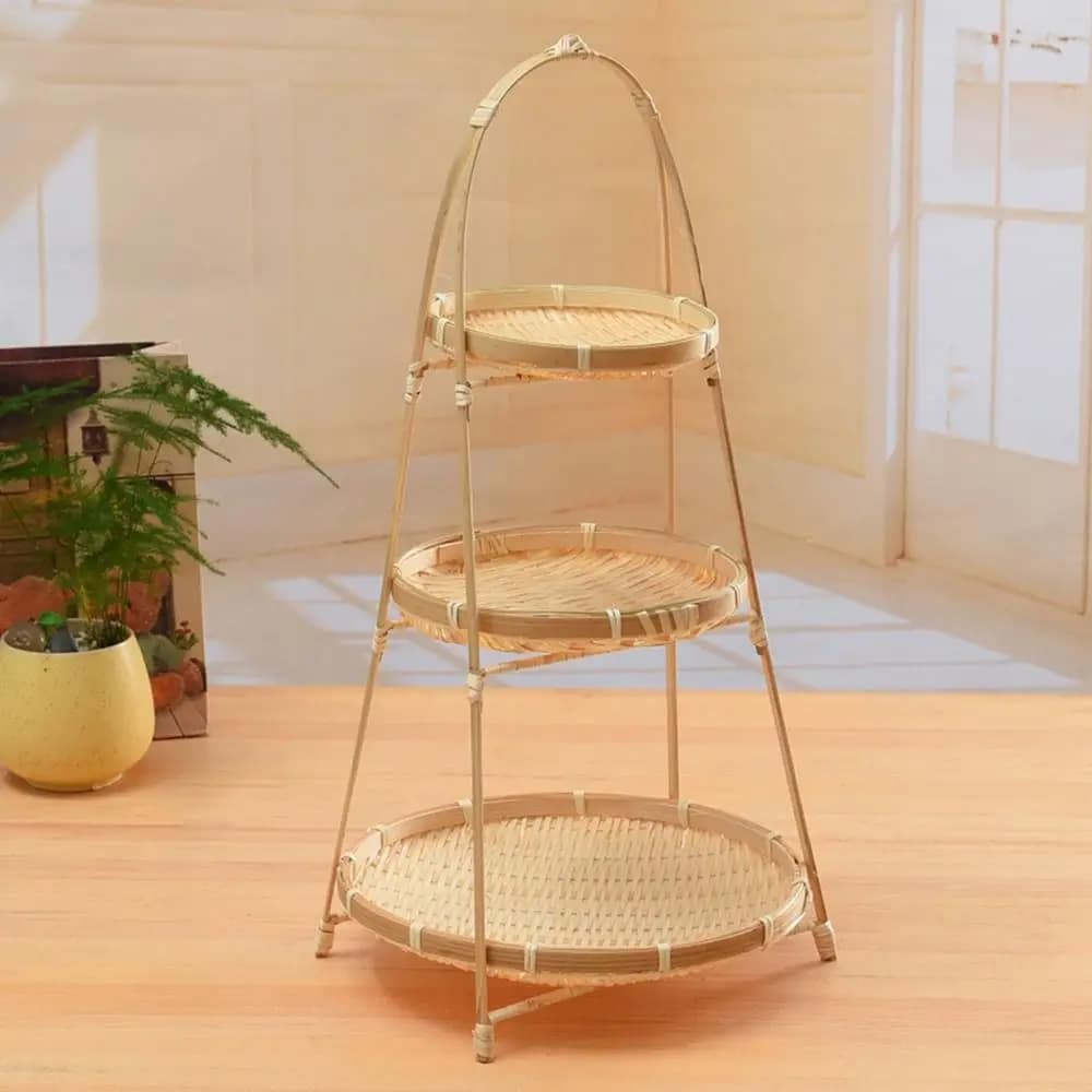 Three-tier handwoven rattan fruit basket stand – shown in a room setting