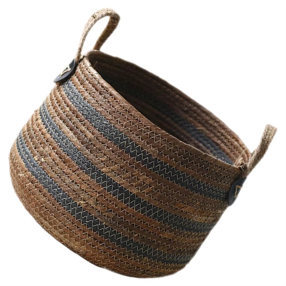 Slender Nordic rattan laundry basket with dark banding – another view