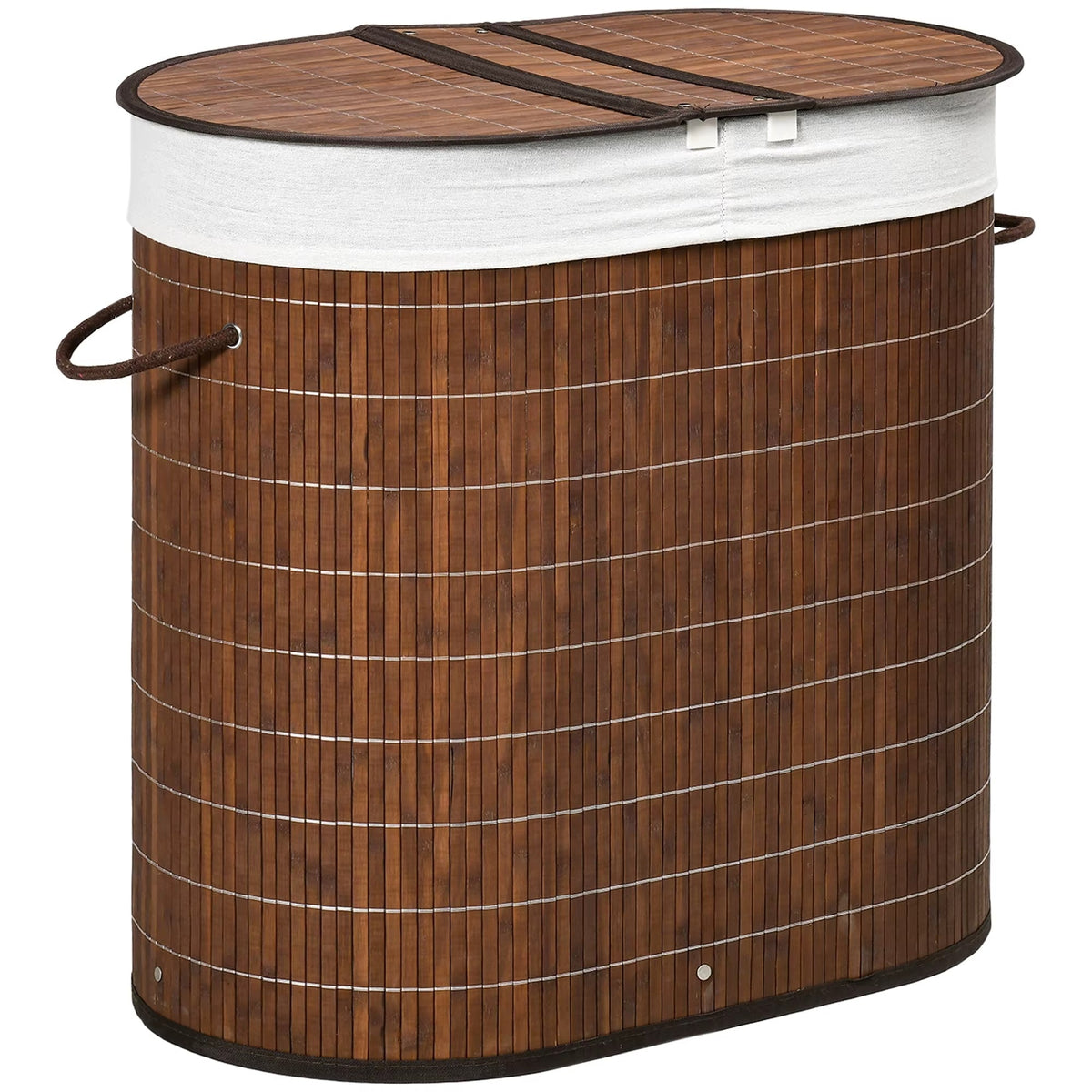 Two-compartment rattan and bamboo laundry basket