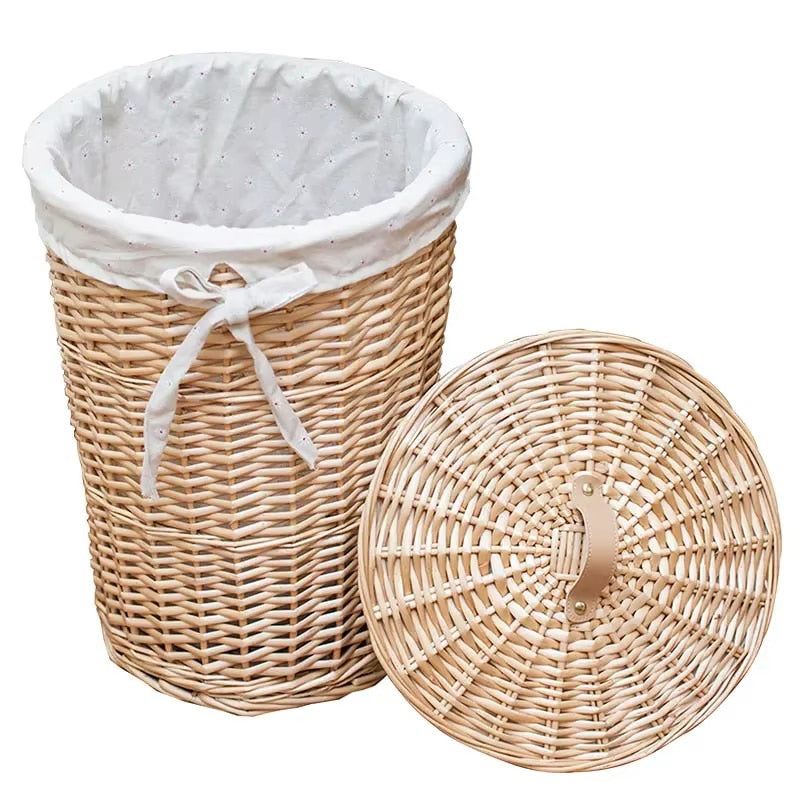 Round rattan laundry basket with a soft cotton lining