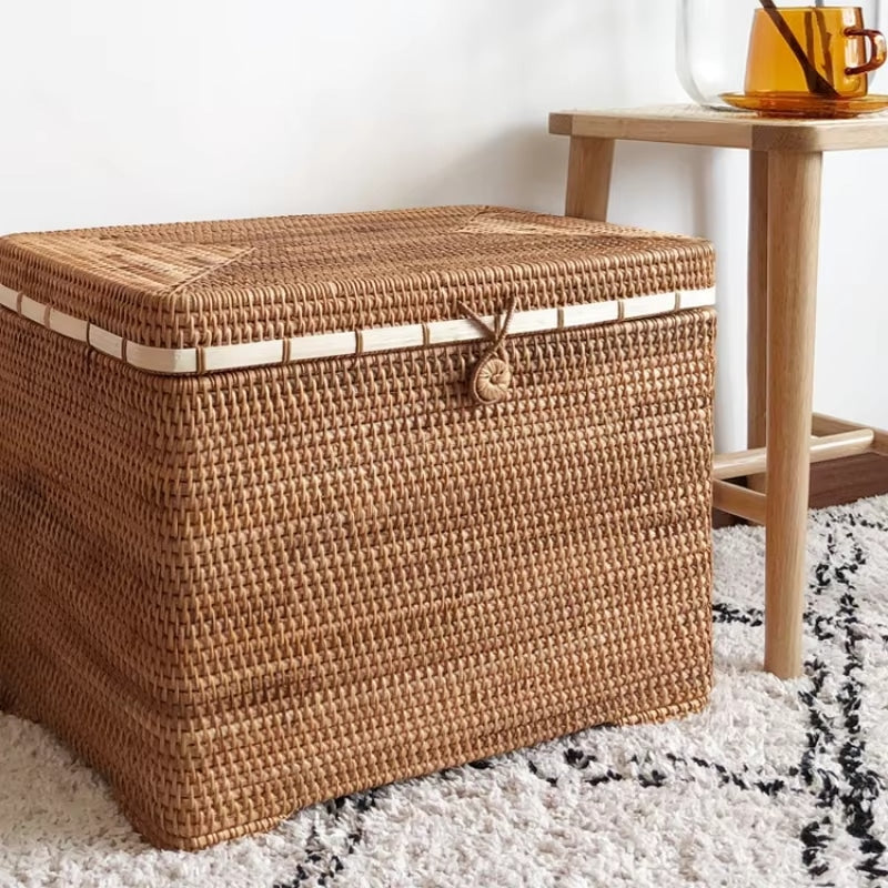 Large capacity vintage rattan laundry basket with openwork walls – another view