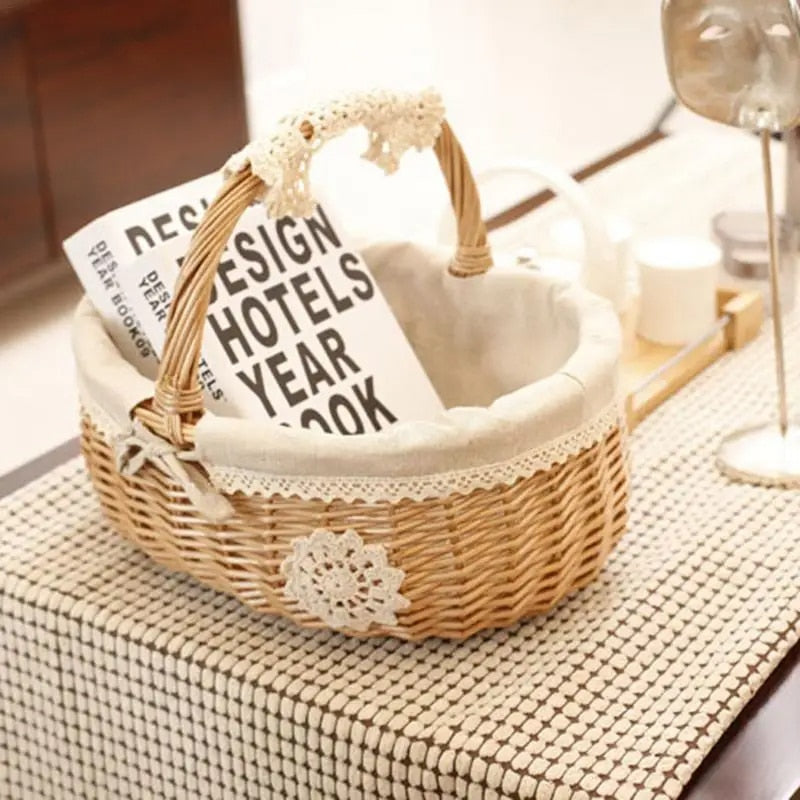 Natural wicker basket with a beige fabric lining and handle – shown in a room setting