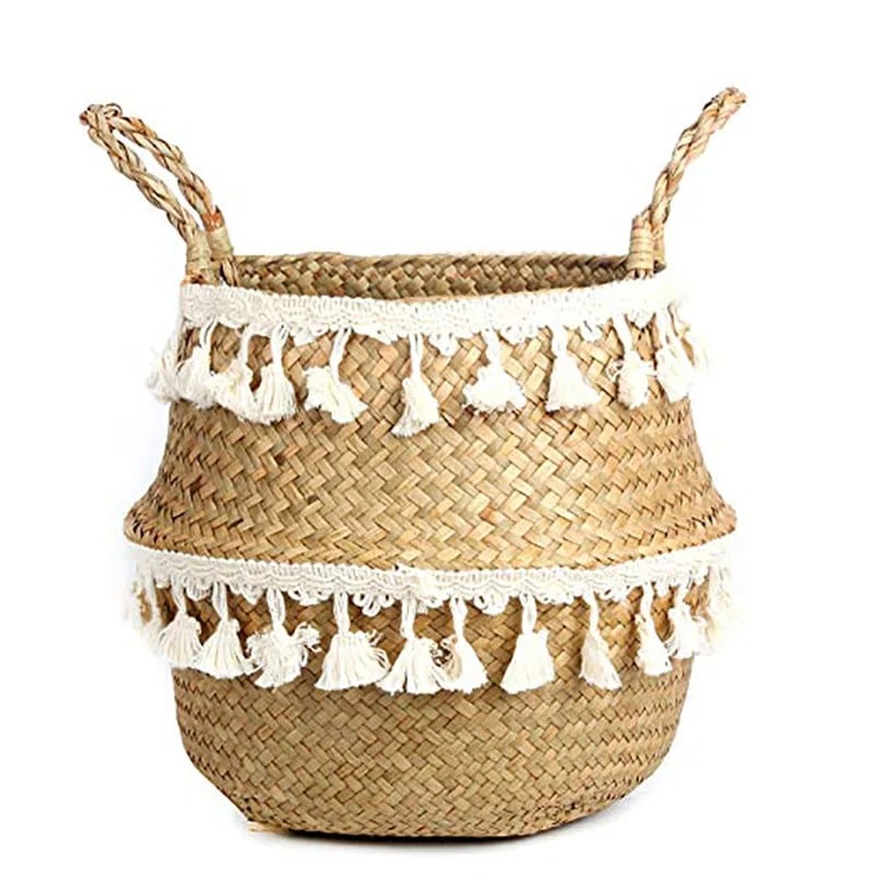 Natural handwoven wicker basket with a slightly golden raw finish