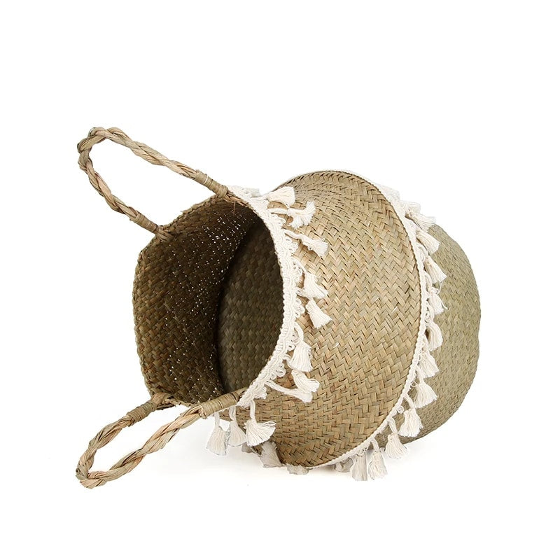 Rounded wicker basket trimmed with cotton tassels – another view