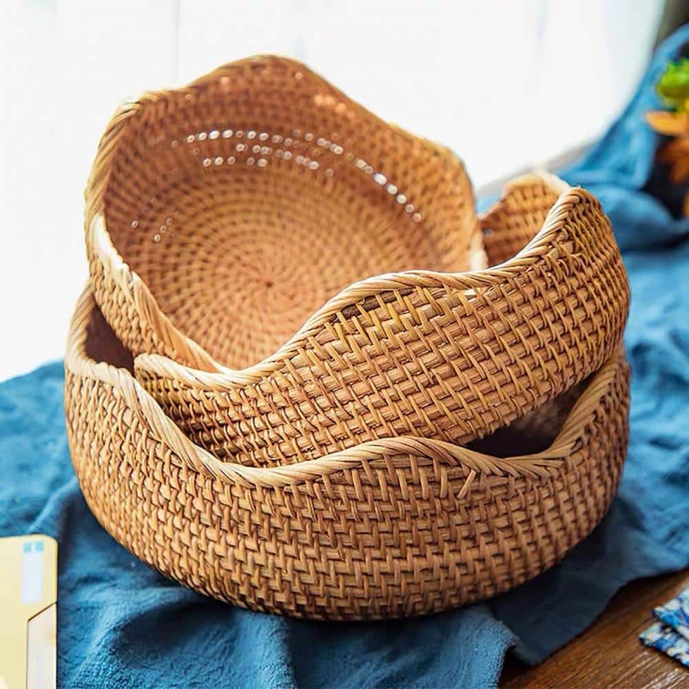 Low flat handwoven rattan tray basket – multiple views