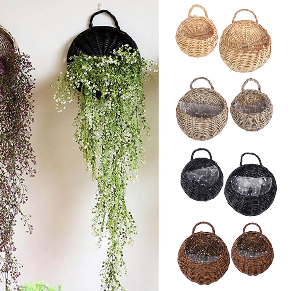 Black handmade rattan and wicker plant holder – multiple views