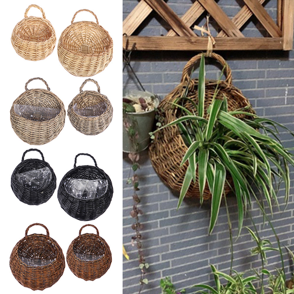 Black handmade rattan and wicker plant holder – multiple views (2)
