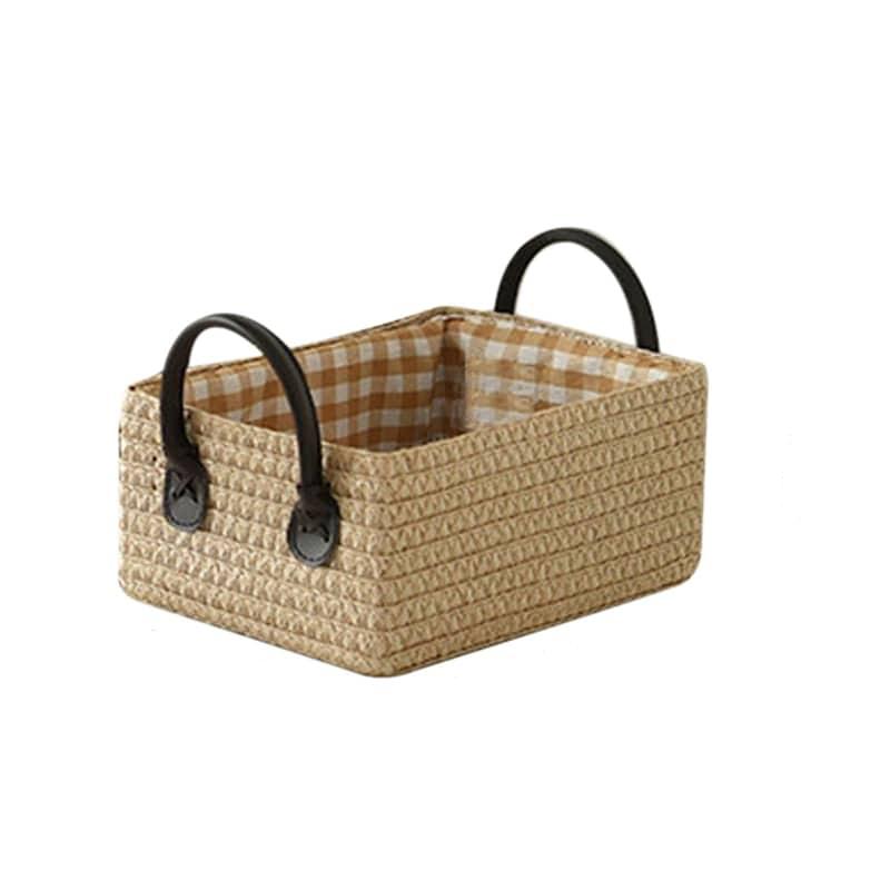 Square hand-braided rattan box basket with two handles