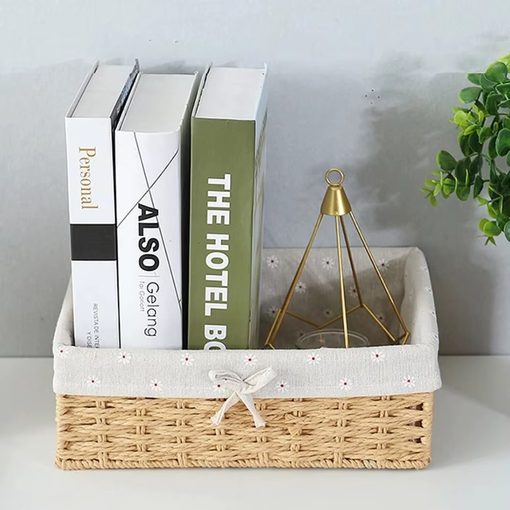 Retro rectangular rattan storage basket with a tight weave – shown in a room setting