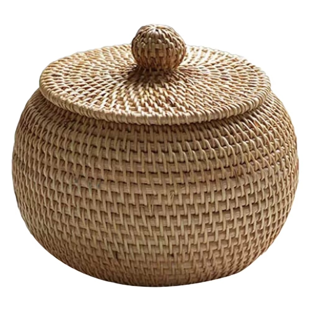 Retro round rattan storage basket with bulging sides and a braided lid