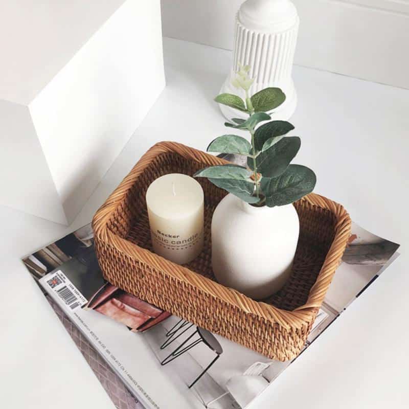 Rectangular rattan vanity organizer basket with clean edges – shown in a room setting (2)