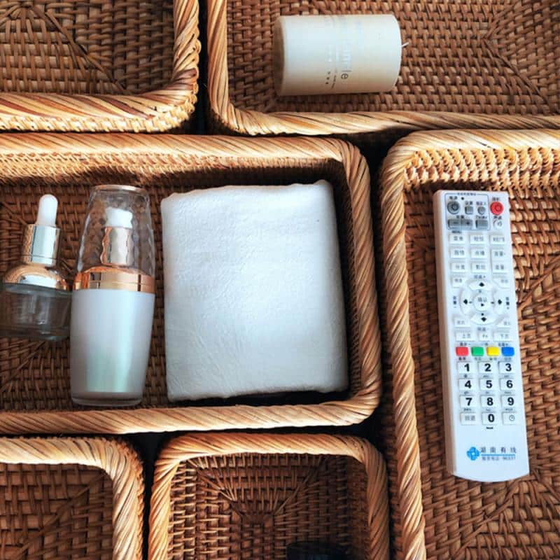 Rectangular rattan vanity organizer basket with clean edges – close-up detail