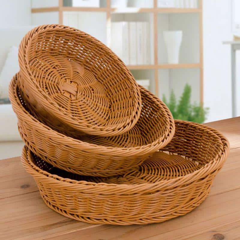 Round handwoven rattan display basket – multiple views