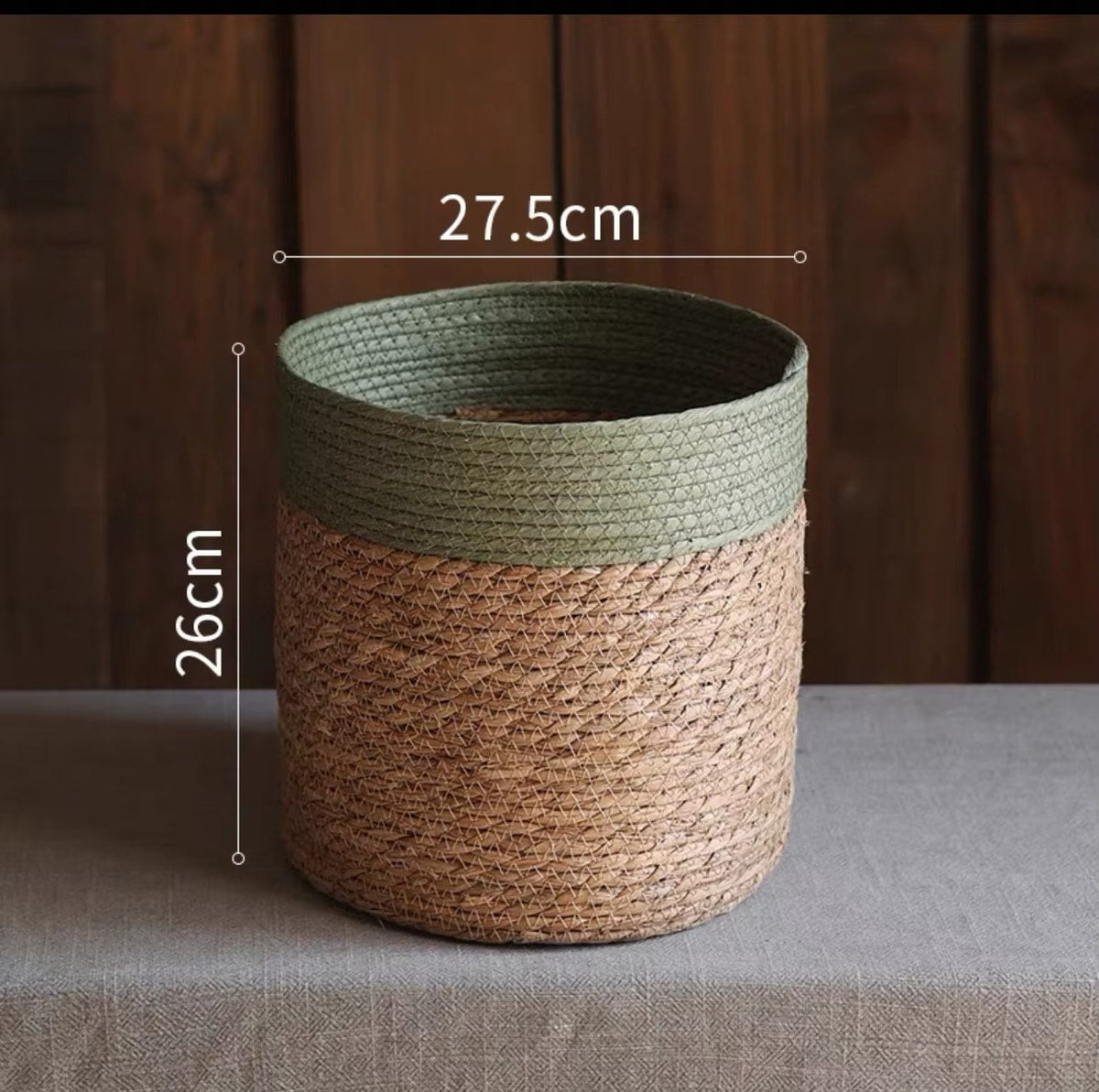 Modern handwoven rattan basket with a bold green rim – dimensions diagram