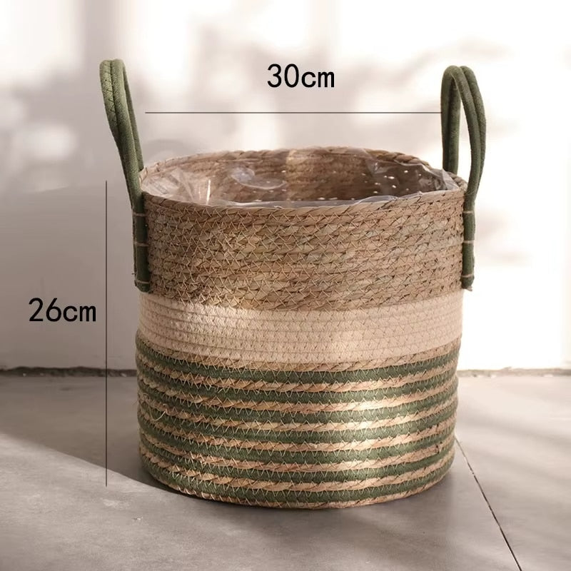 Boho rattan basket with fine green stripes – dimensions diagram