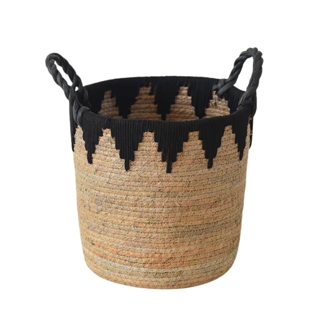 Round handwoven rattan basket with a triangle pattern