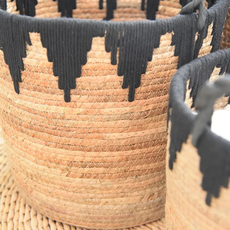 Round handwoven rattan basket with a triangle pattern – close-up detail