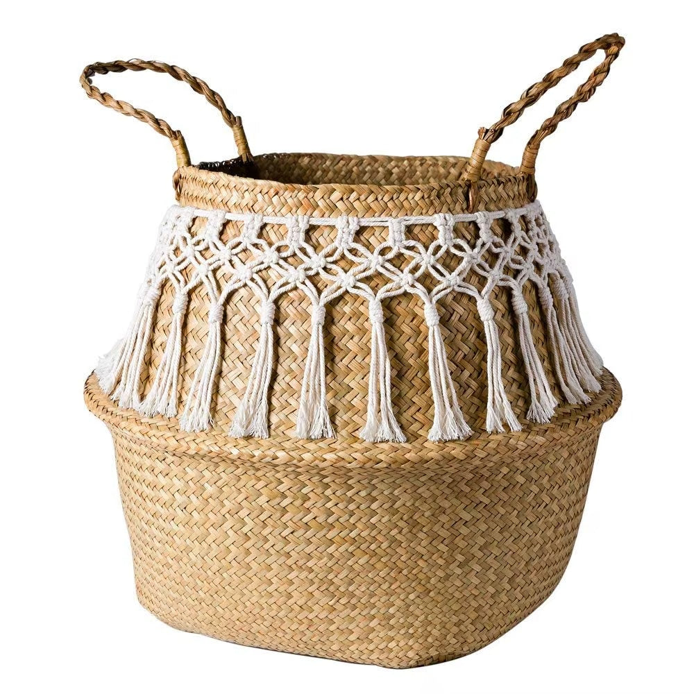 Rustic rattan basket with white macramé fringe around the base