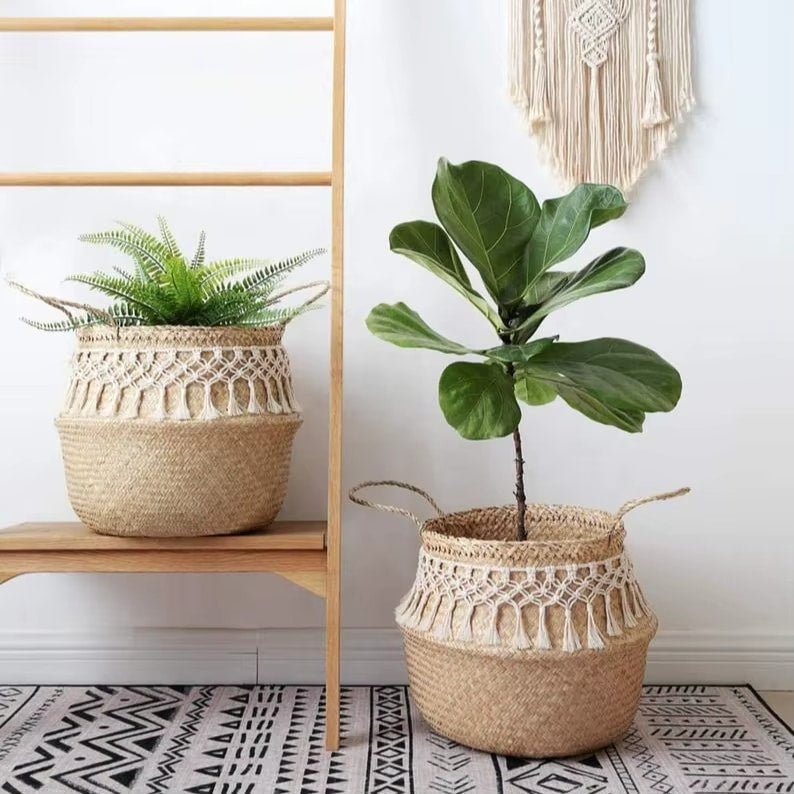 Rustic rattan basket with white macramé fringe around the base – shown in a room setting (2)