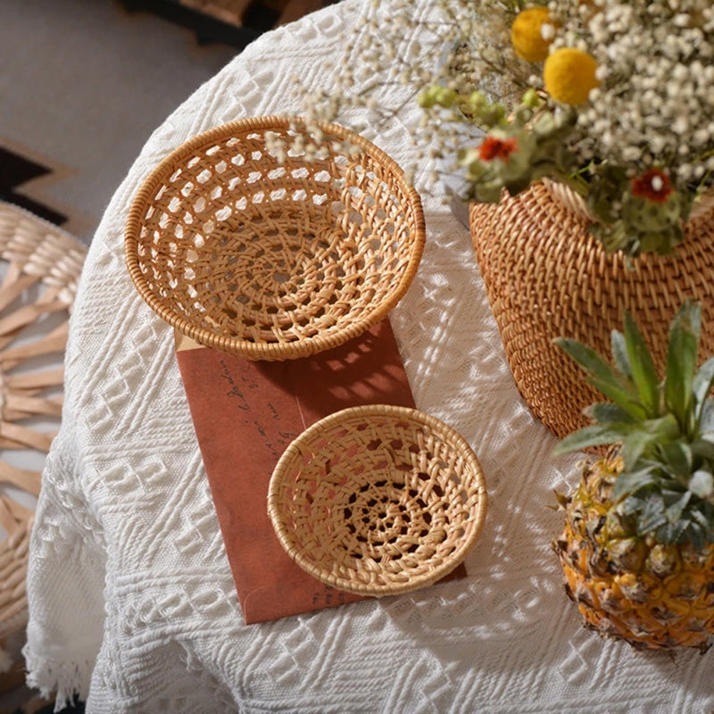 Handwoven natural rattan fruit and vegetable basket – shown in a room setting