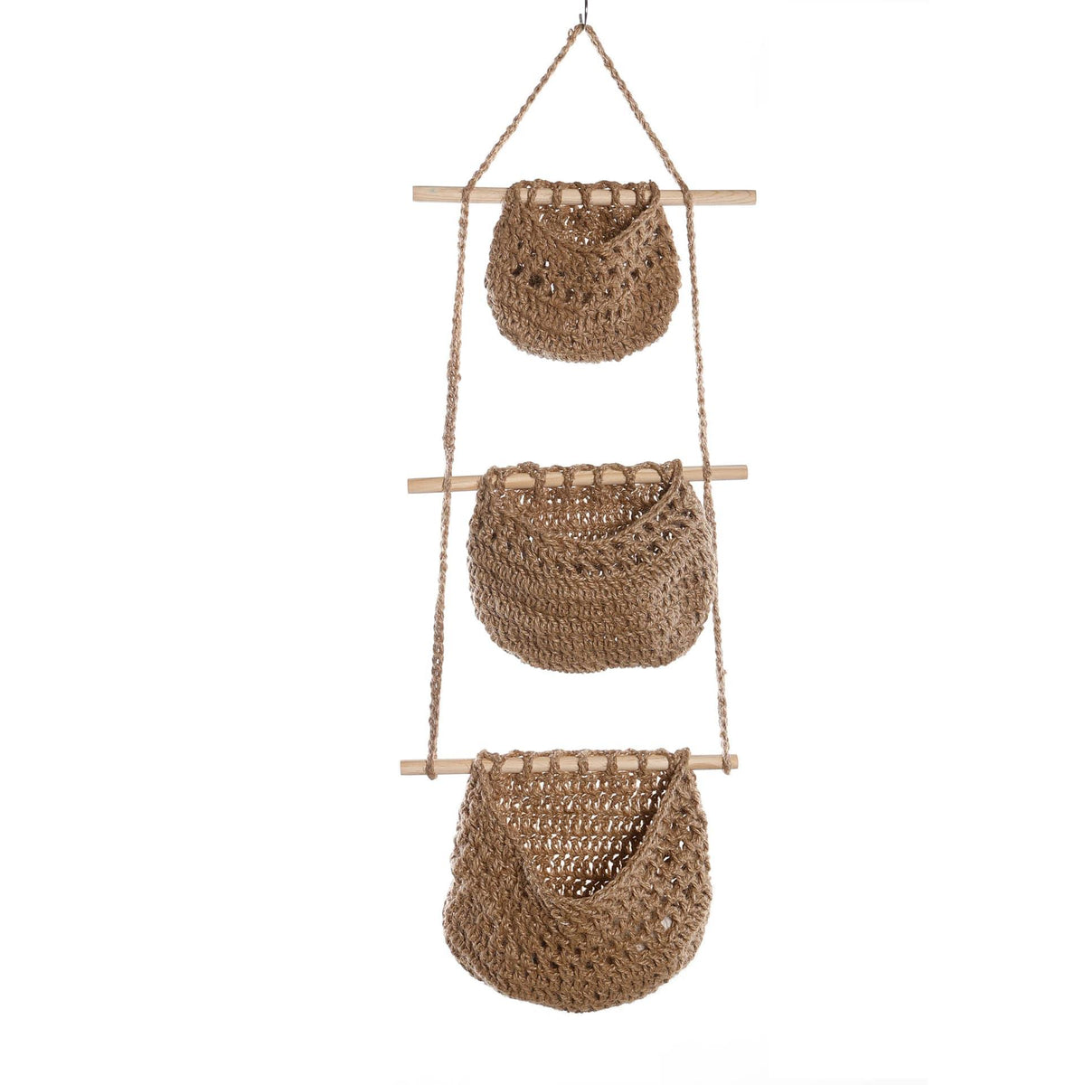 Three-tier woven wall hanging basket – beige variant, another view