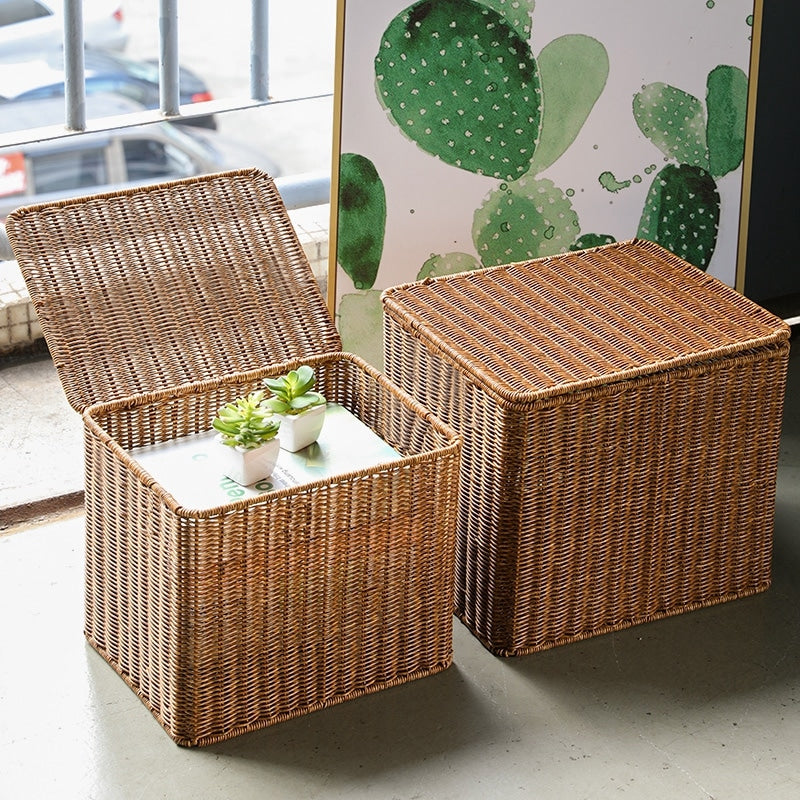 Large handwoven storage basket with a fitted lid – shown in a room setting (2)