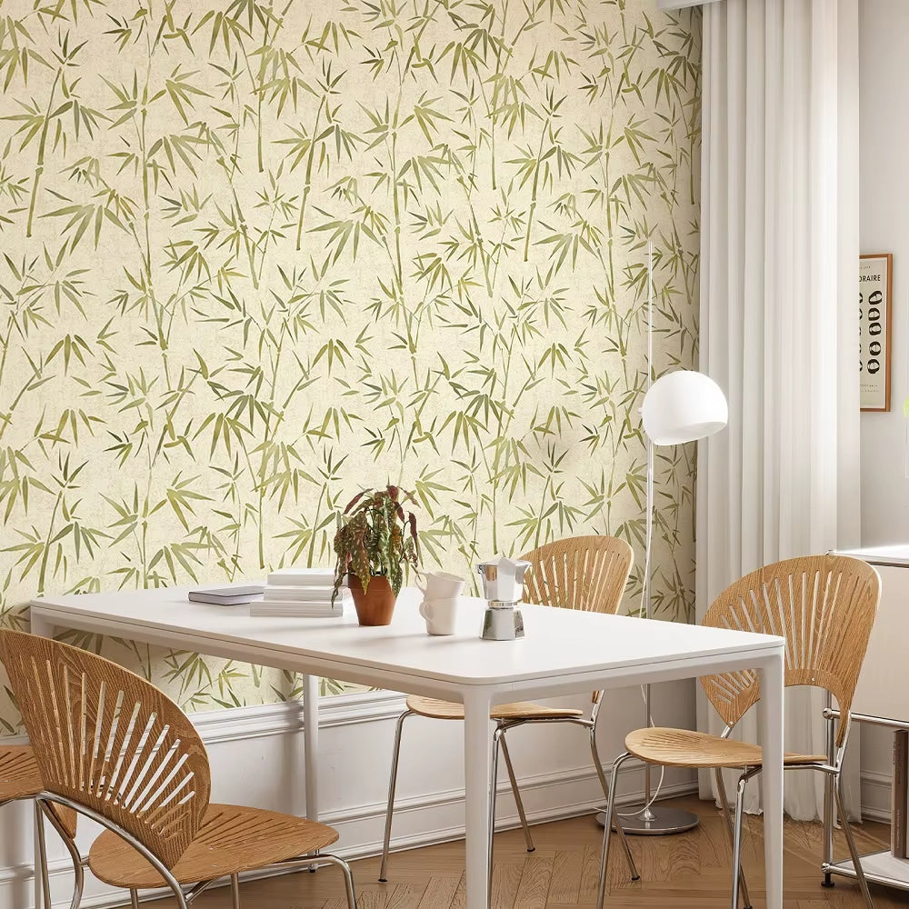 Vintage beige bamboo wallpaper with vertical stems – shown in a room setting
