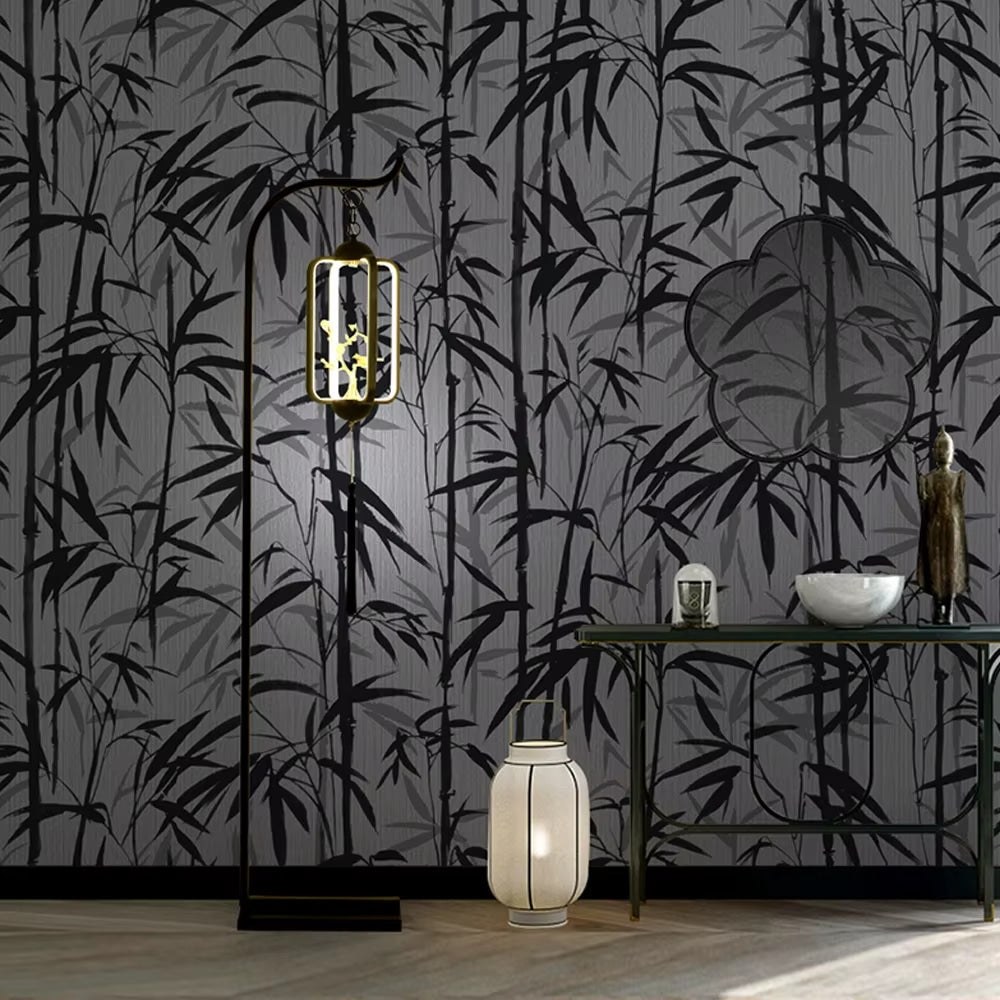Dark night-effect bamboo wallpaper with light stems – shown in a room setting (2)
