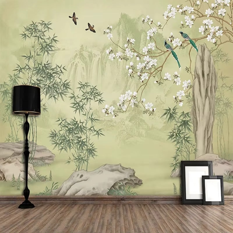 Wallpaper with bamboo stems, magnolia blooms and birds – shown in a room setting (2)