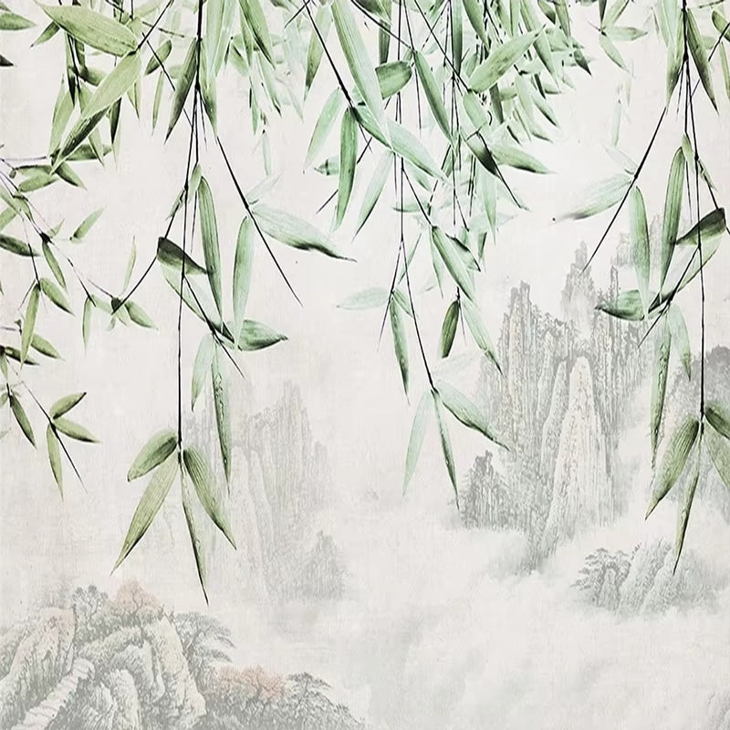 Wall mural of bamboo stems against distant mountains – close-up detail