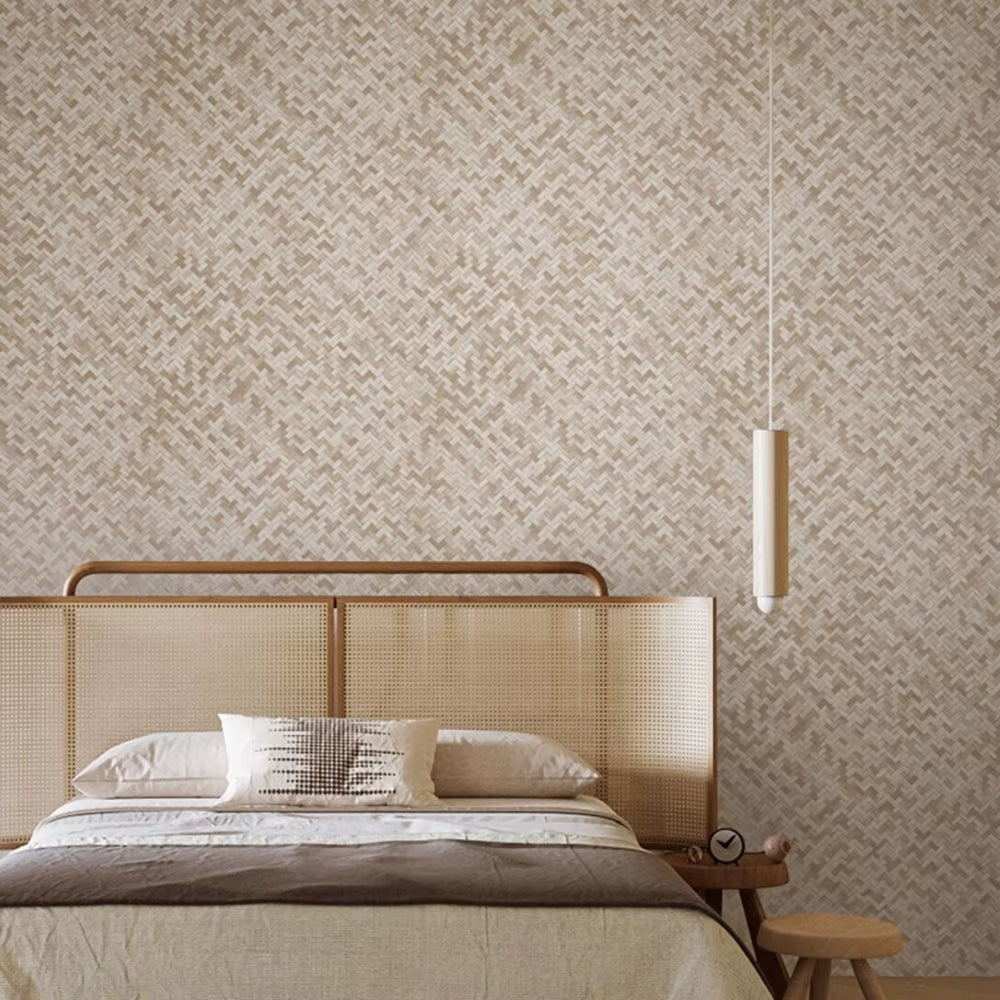 Geometric bamboo pattern wallpaper on a living room wall – shown in a room setting