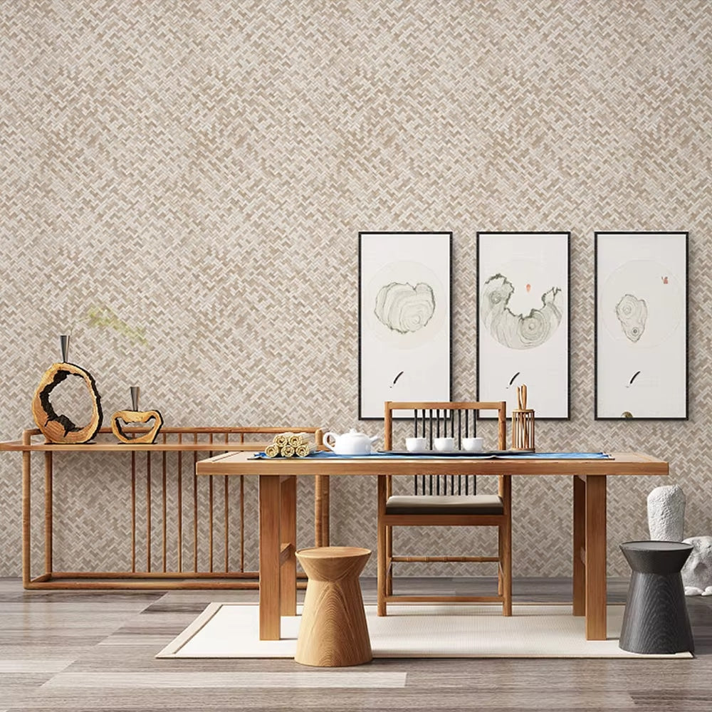 Geometric bamboo pattern wallpaper on a living room wall – shown in a room setting (2)