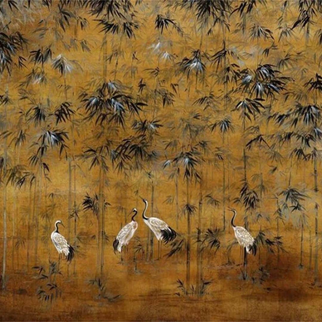 Wallpaper printed with bamboo stems and perched birds – close-up detail