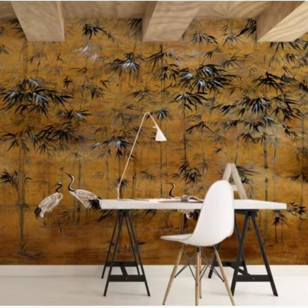 Wallpaper printed with bamboo stems and perched birds – shown in a room setting (2)