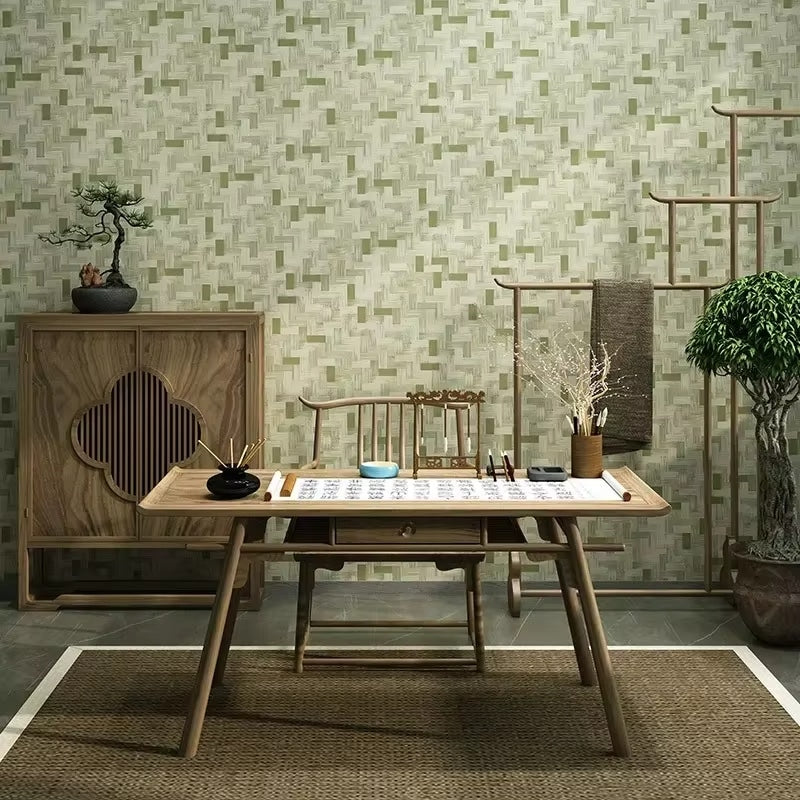 Green geometric bamboo wallpaper – shown in a room setting