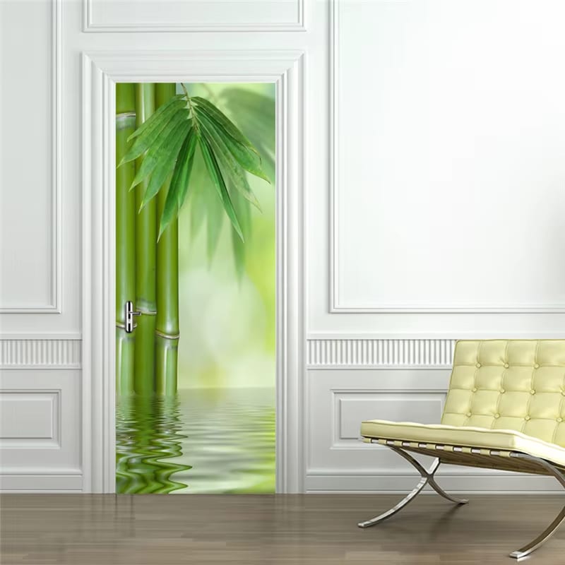 Green bamboo mural applied to a door – shown in a room setting (2)