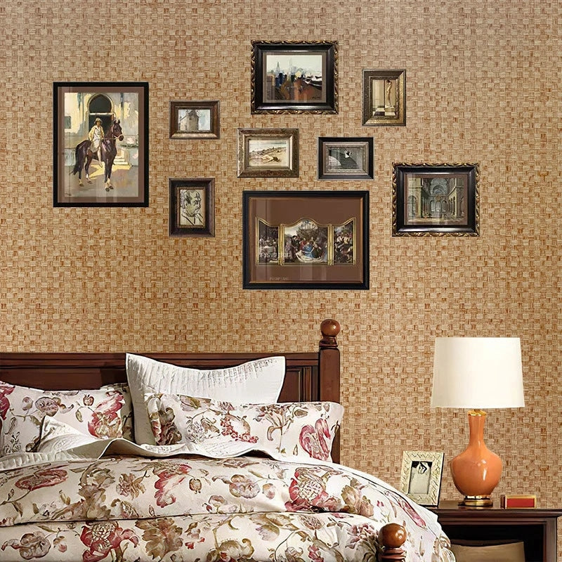 Retro vinyl bamboo-effect wallpaper with stylized stems – shown in a room setting