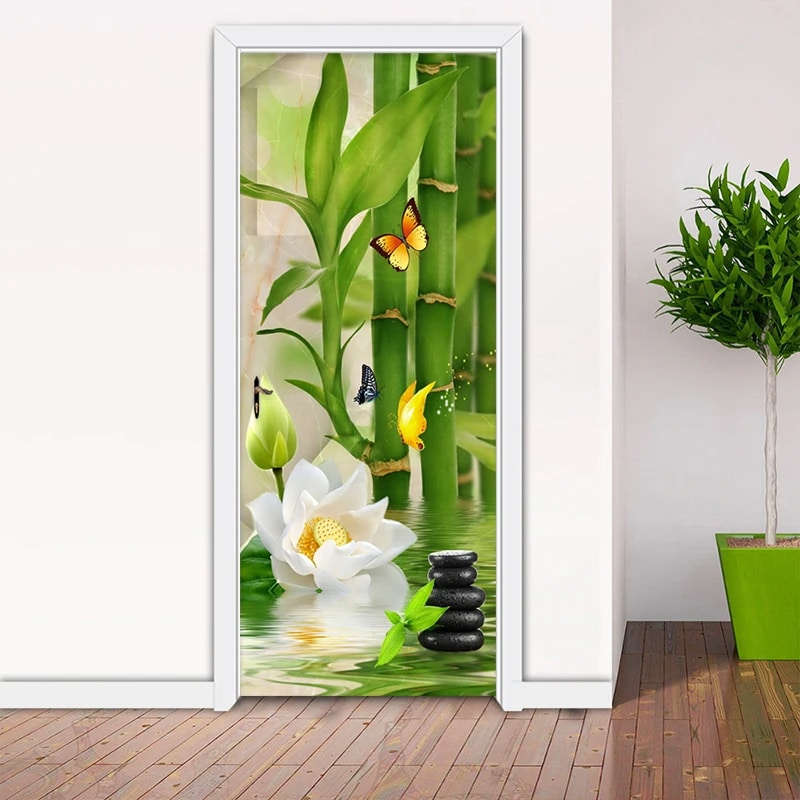 Waterproof vinyl wallpaper with bamboo and flowers on a light ground – shown in a room setting (2)