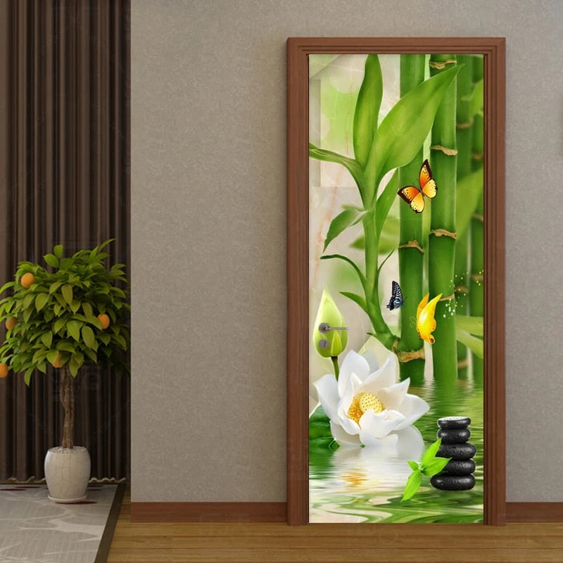 Waterproof vinyl wallpaper with bamboo and flowers on a light ground – shown in a room setting (3)
